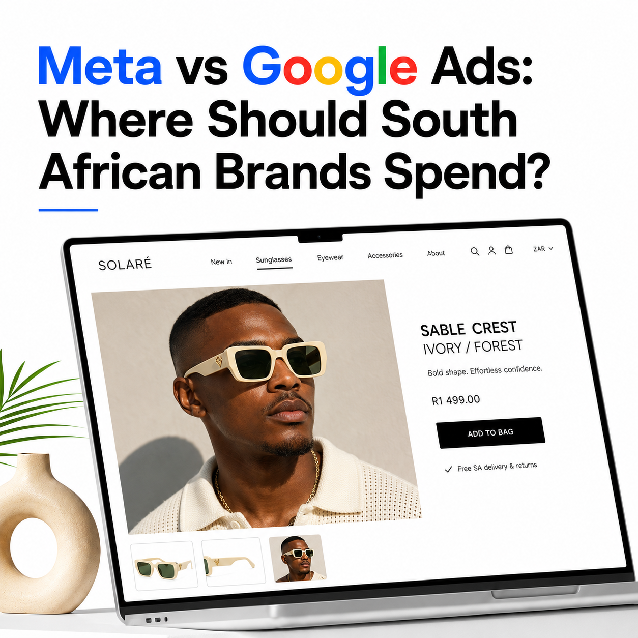 Black South African male model wearing sunglasses on an online store illustrating Meta vs Google Ads.