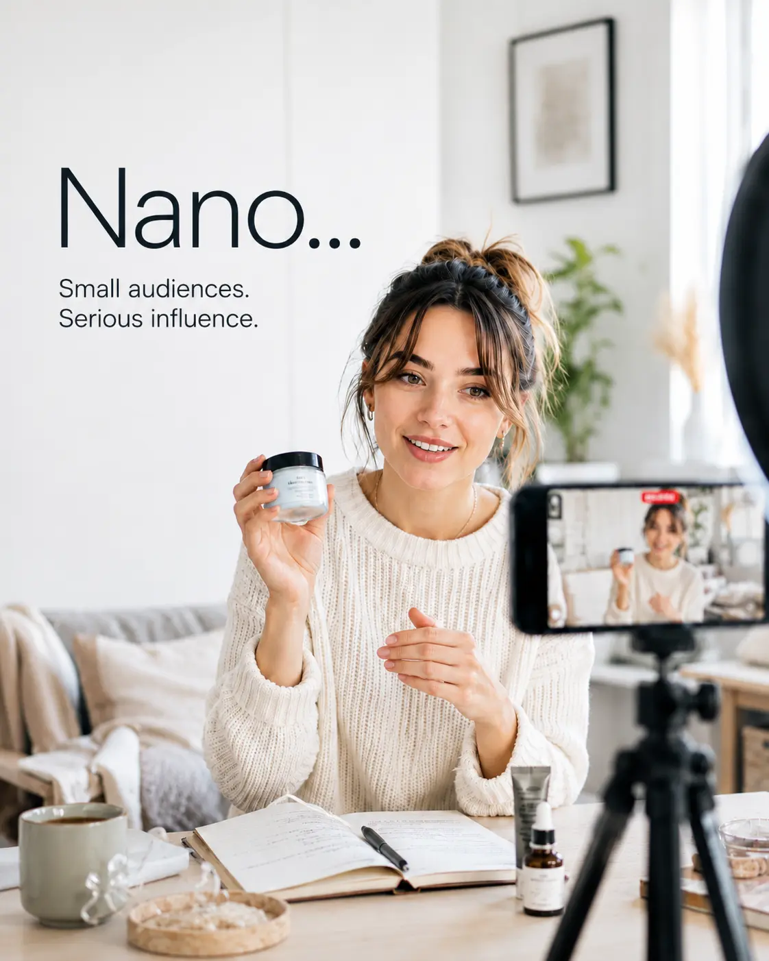 South African nano influencer filming natural social media content in a bright Johannesburg home studio